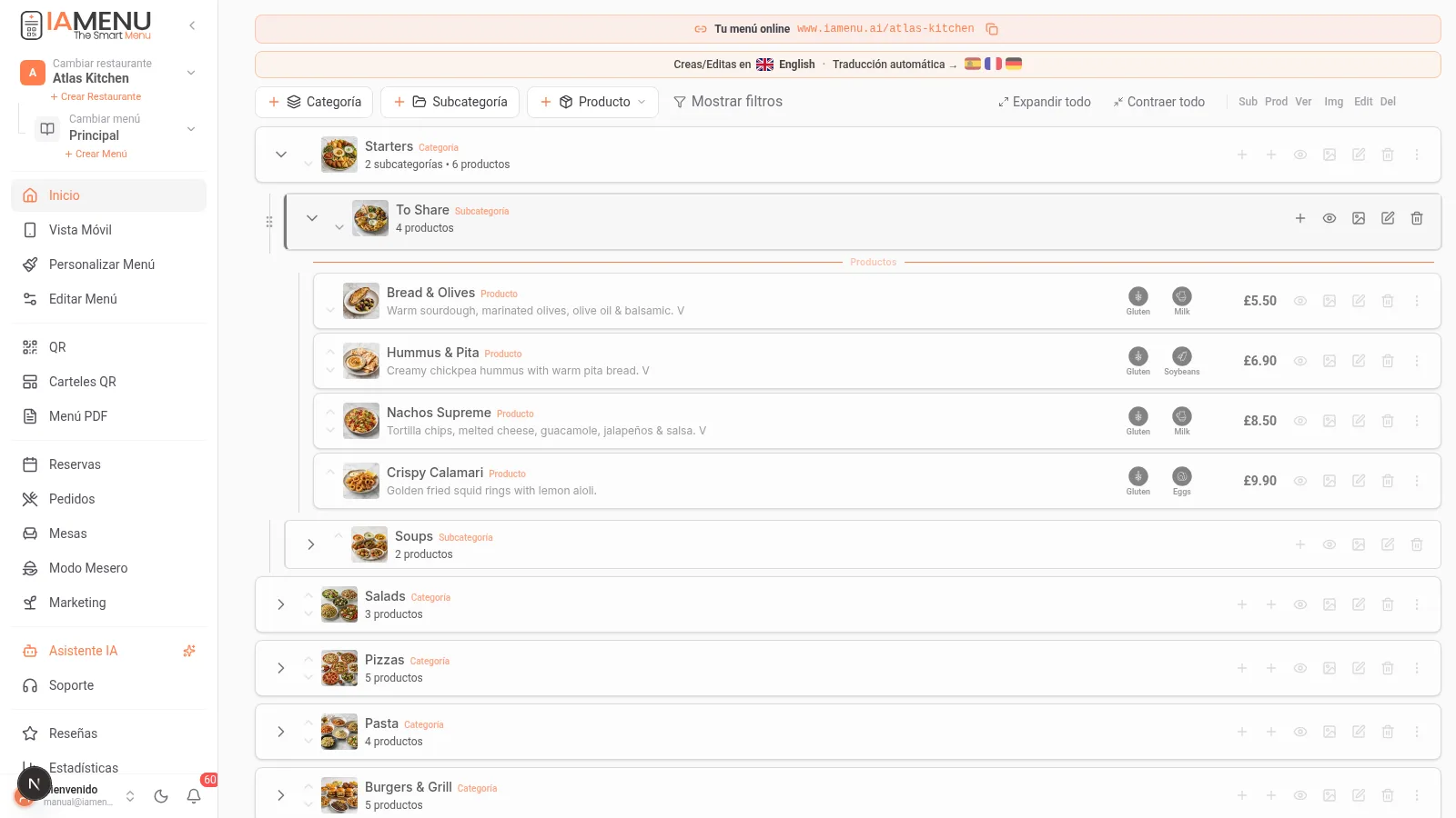 Producto recien creado visible en el dashboard de iaMenu dentro de su categoria con imagen, precio y alergenos detectados en la carta digital