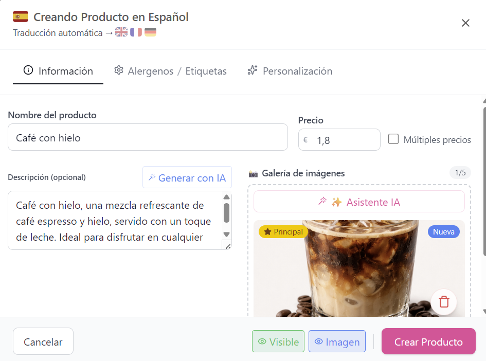 Modal di creazione di prodotto in iaMenu con campi nome, prezzo e descrizione per creare un piatto nel menu digitale del ristorante