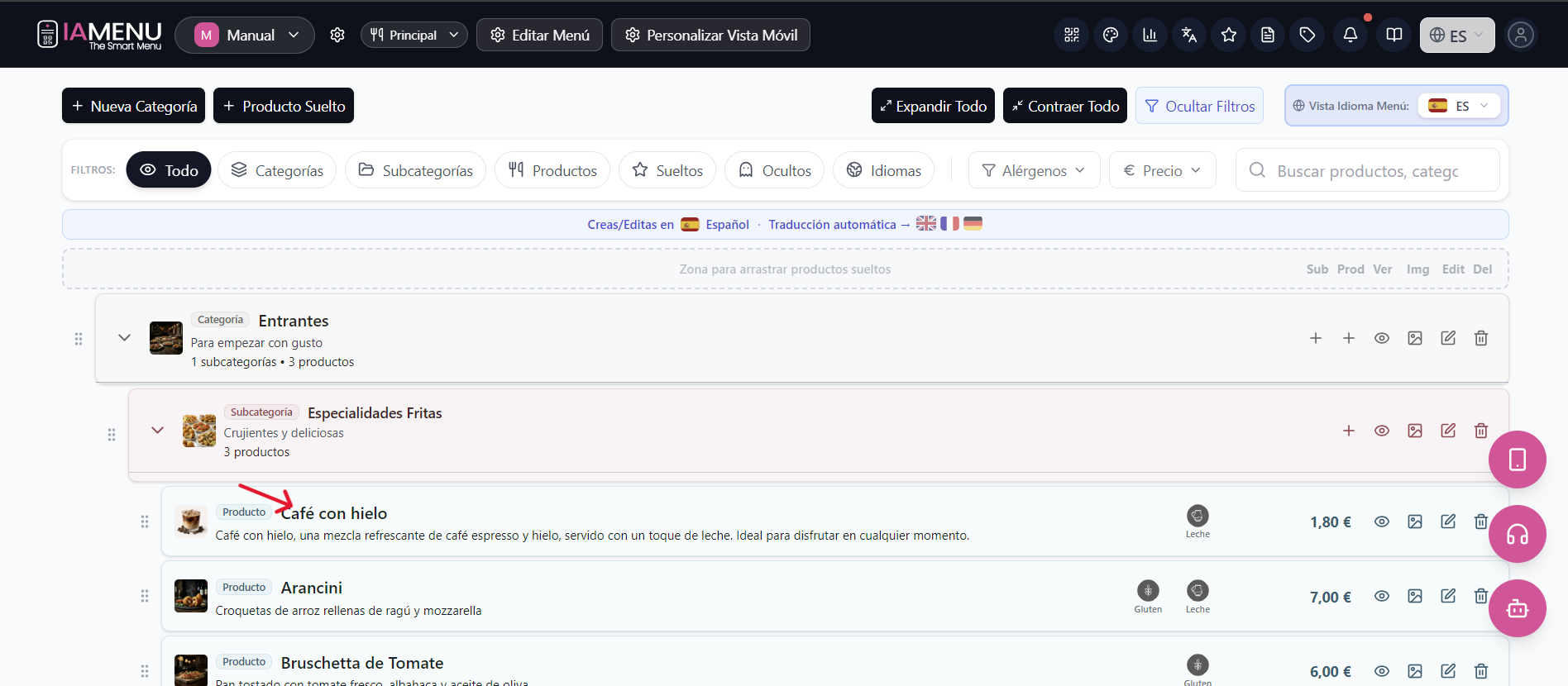 Prodotto appena creato visibile nel dashboard di iaMenu all'interno della sua categoria con immagine, prezzo e allergeni rilevati nel menu digitale
