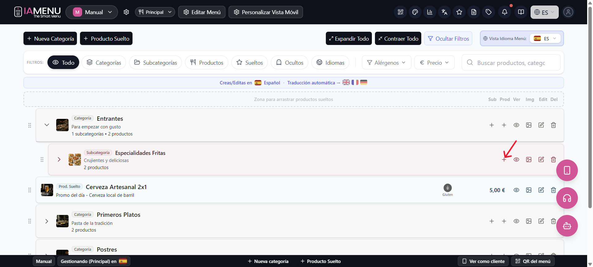 Dashboard di iaMenu in desktop che mostra i pulsanti per aggiungere prodotto dentro categoria e sottocategoria nel menu digitale