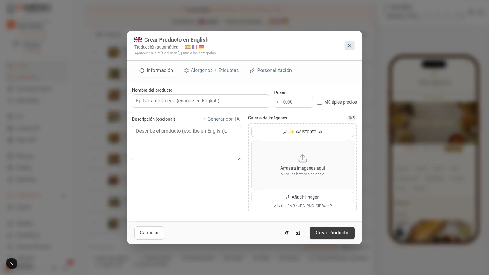Modal de creacion de producto en iaMenu con campos nombre, precio y descripcion para crear un plato en el menu digital del restaurante