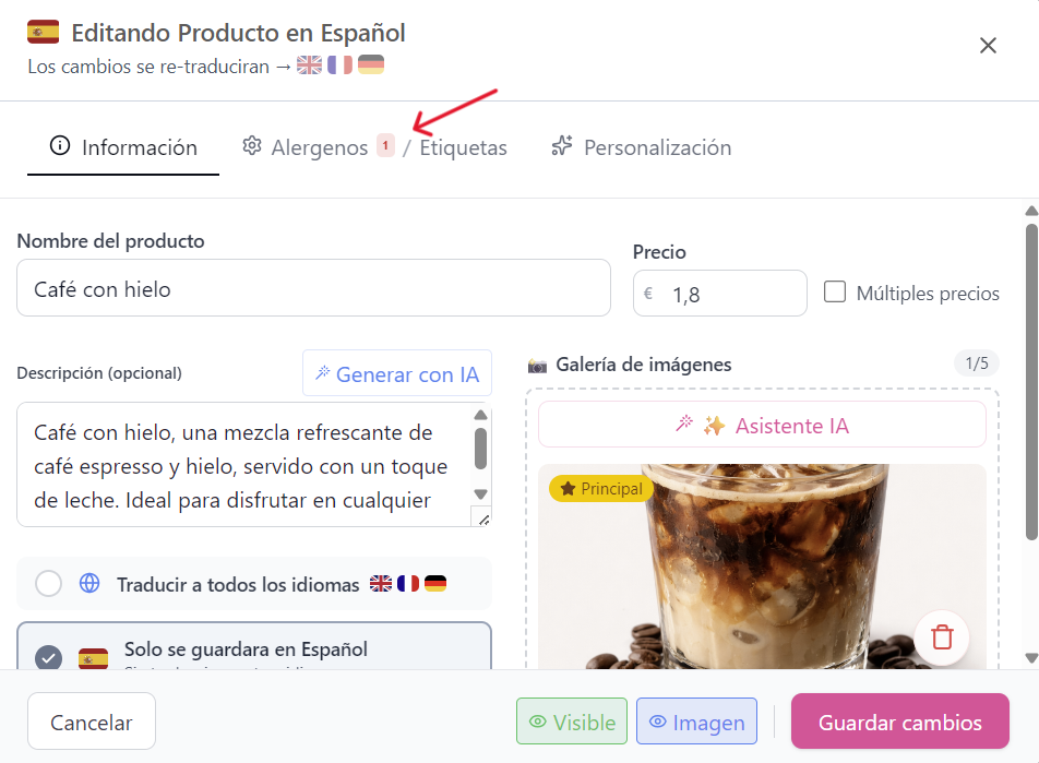 Détection automatique des allergènes par Super Chef IA dans la fenêtre produit, montrant des icônes de gluten, d'œufs et de produits laitiers détectés