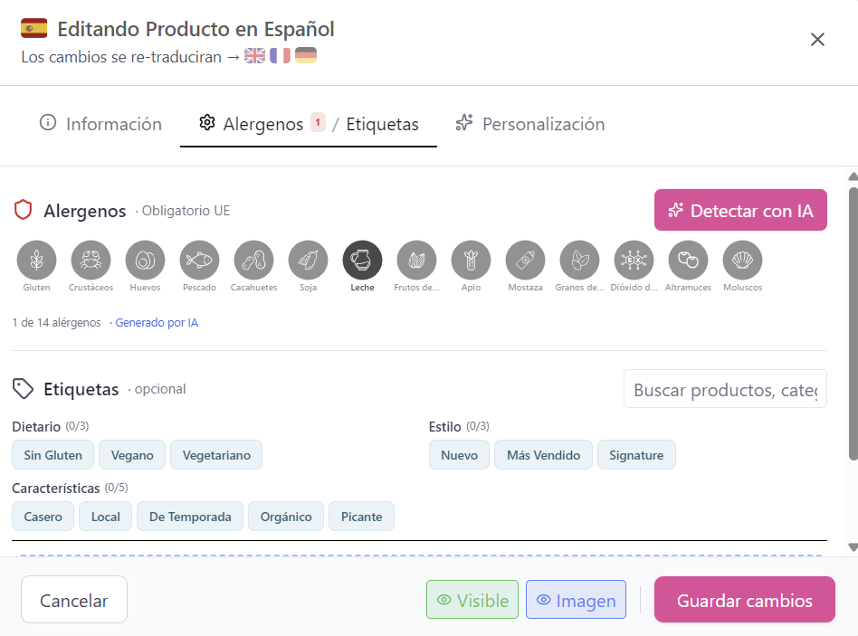 Sélecteur d'étiquettes marketing montrant des tags globaux comme Vegan, Sans Gluten, Épicé et des étiquettes personnalisées du restaurant