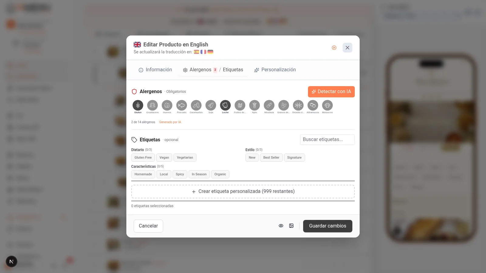 Selector de etiquetas marketing mostrando tags globales como Vegano, Sin Gluten, Picante y etiquetas custom del restaurante