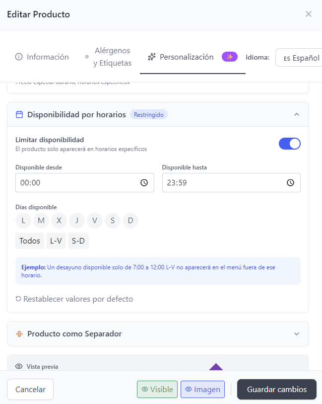 Time availability configuration with start time selector, end time, and days of the week