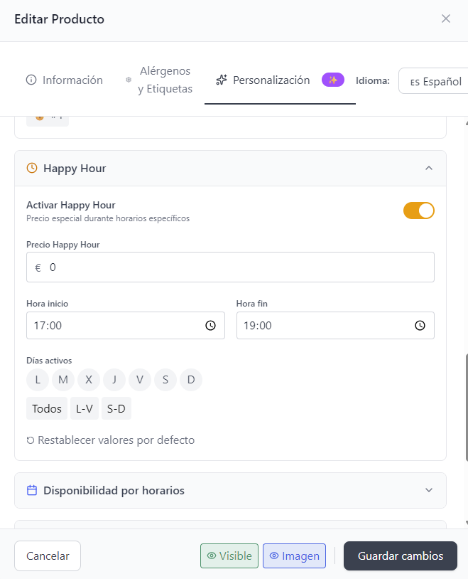 Happy hour configuration form with time, days, and special price fields on desktop