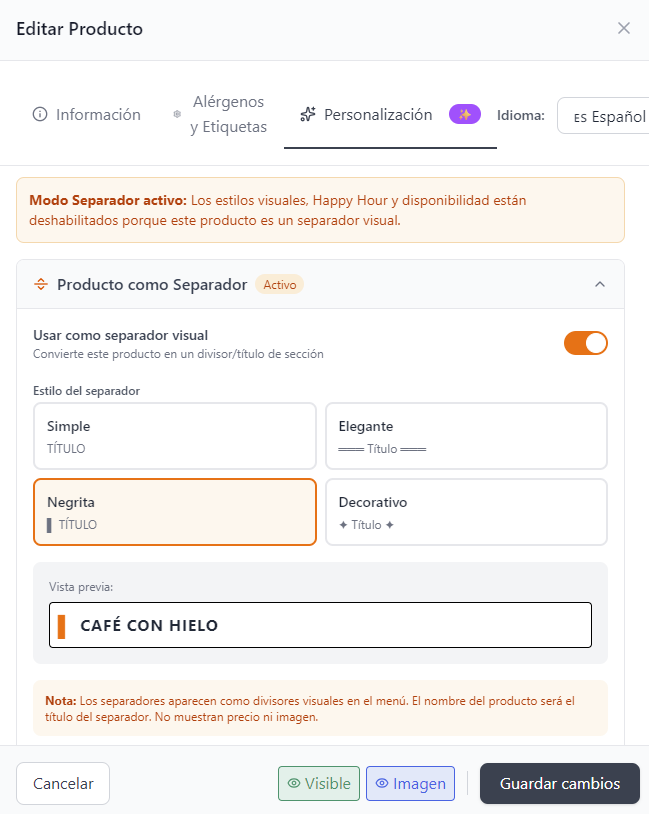 Multiple prices form with fields for full portion, half portion, tapa, and pincho in digital menu