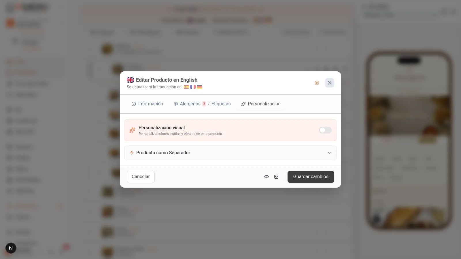 Panel de personalización del producto con pestañas de happy hour, disponibilidad y separadores en escritorio