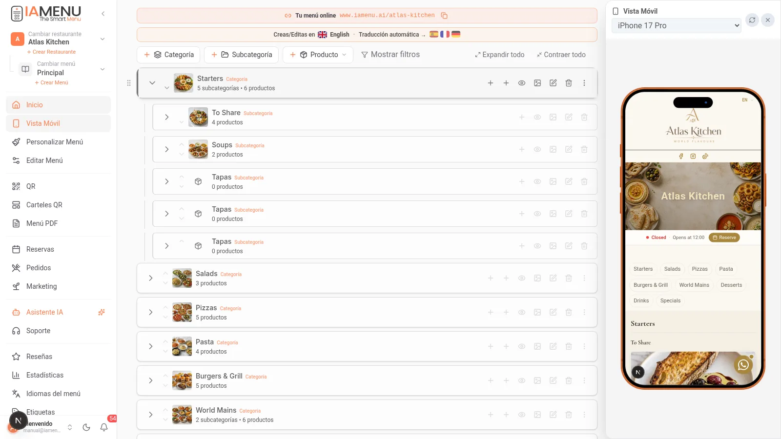 Reordenar categorias y productos con drag and drop en el dashboard de escritorio de iaMenu
