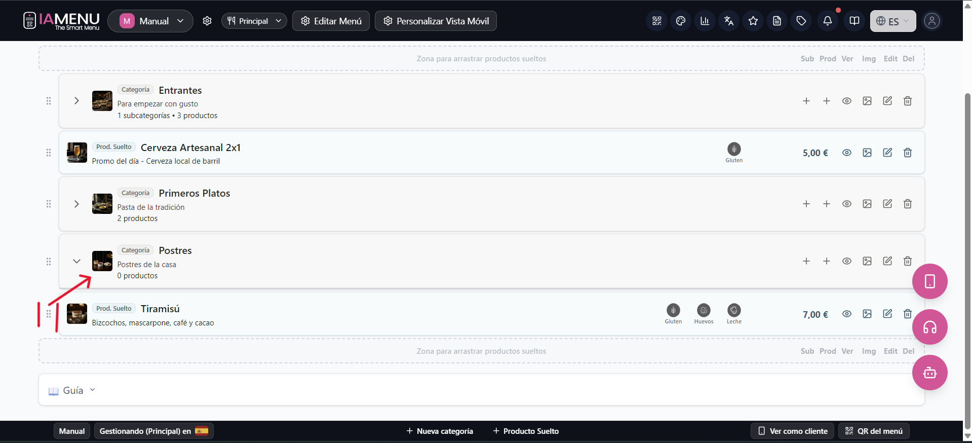 Reordenar categorias y productos con drag and drop en el dashboard de escritorio de iaMenu