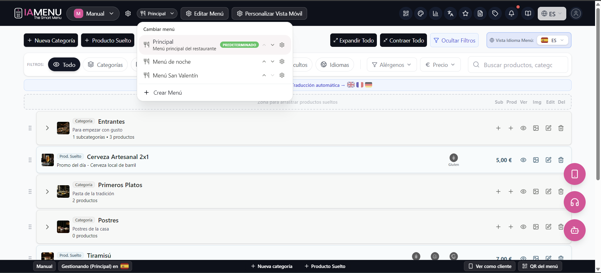 Flechas para reordenar productos del menu digital en la vista movil de iaMenu