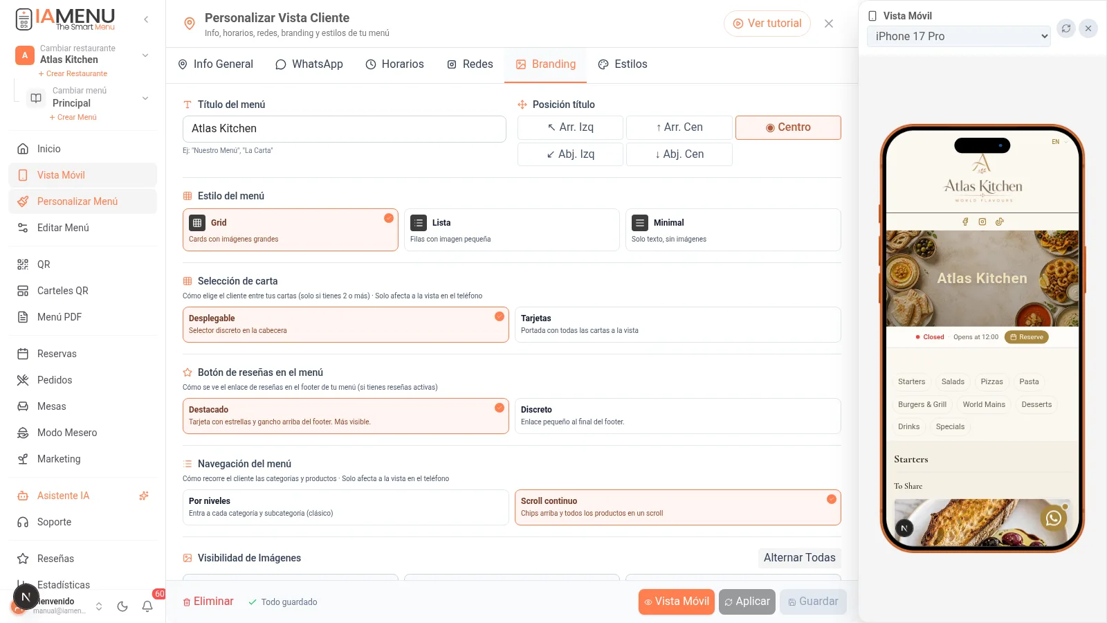 Configuracion de branding del menu: logo, imagen de cabecera y titulo