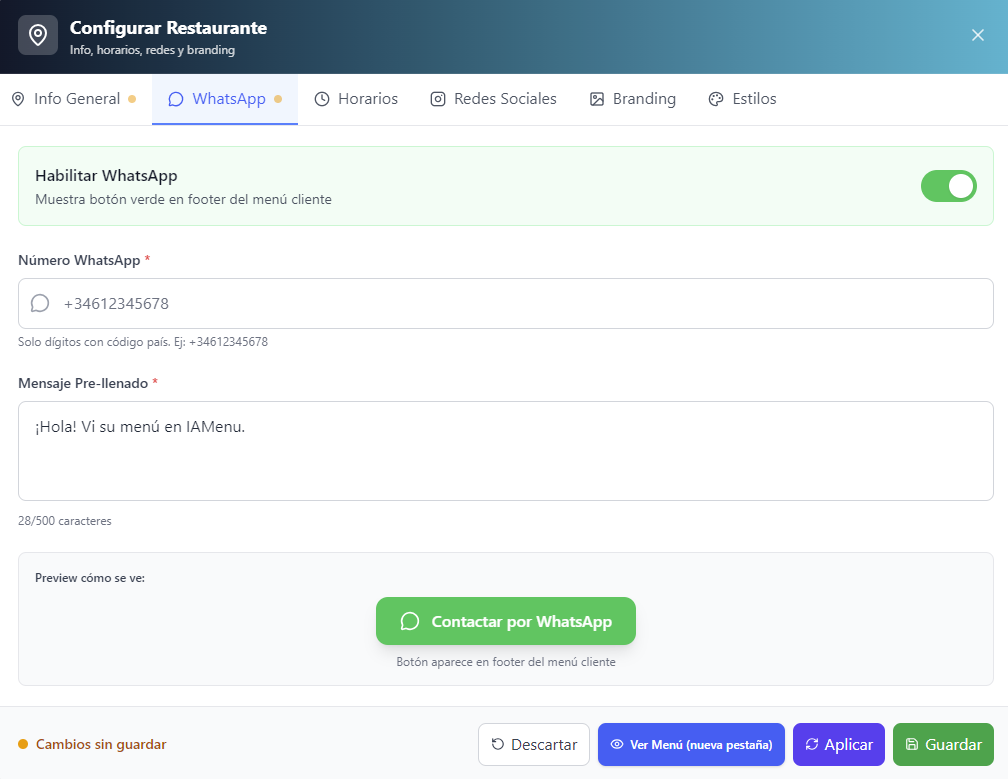 Activer WhatsApp dans le menu QR