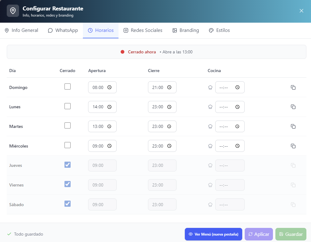 Configurer les horaires du restaurant