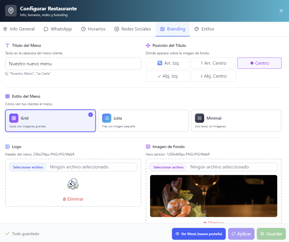Personnaliser le Branding du menu digital