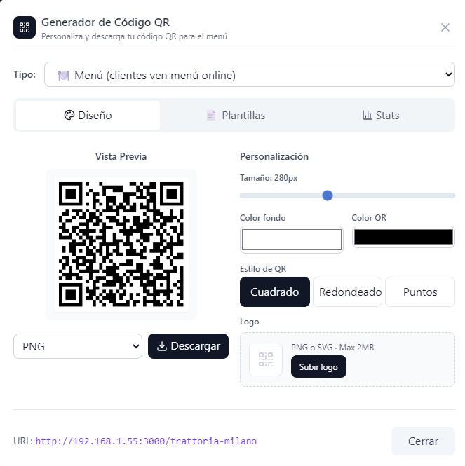 QR-Anpassungsbereich mit Stil-, Farb- und Logooptionen des Restaurants