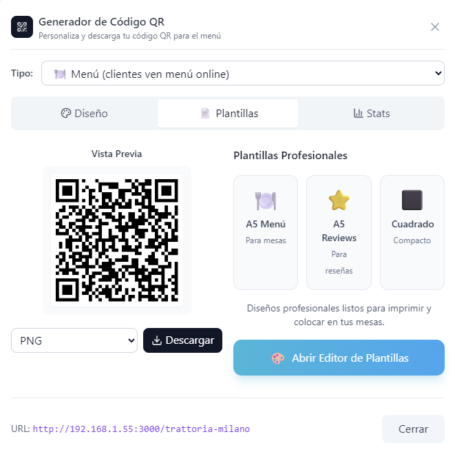 Editor für professionelle QR-Vorlagen mit A4, A5, A6 und quadratischen Formaten für Restaurants