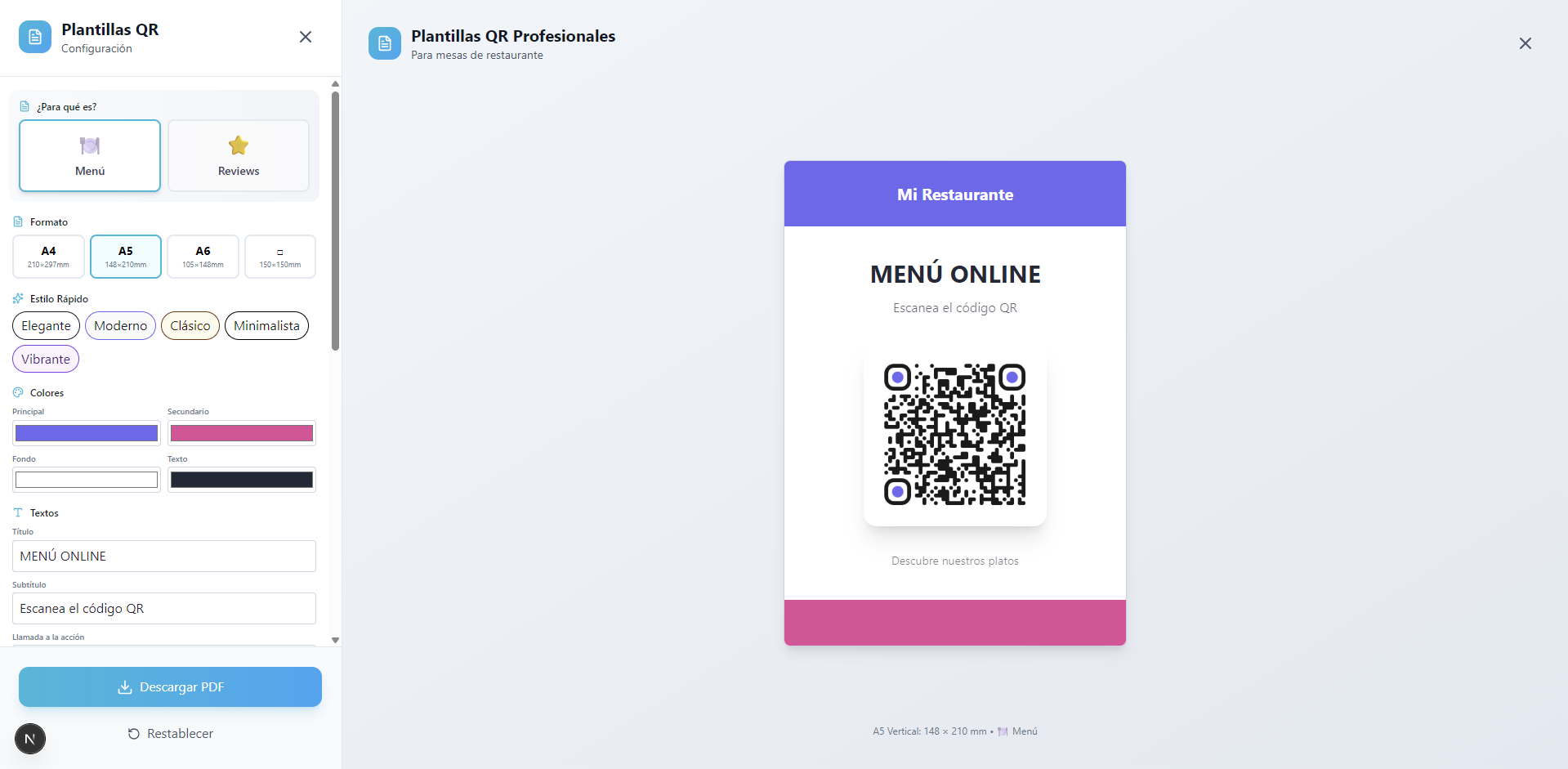 Download-Buttons für den QR-Code in den Formaten PNG, SVG und PDF für Restaurants