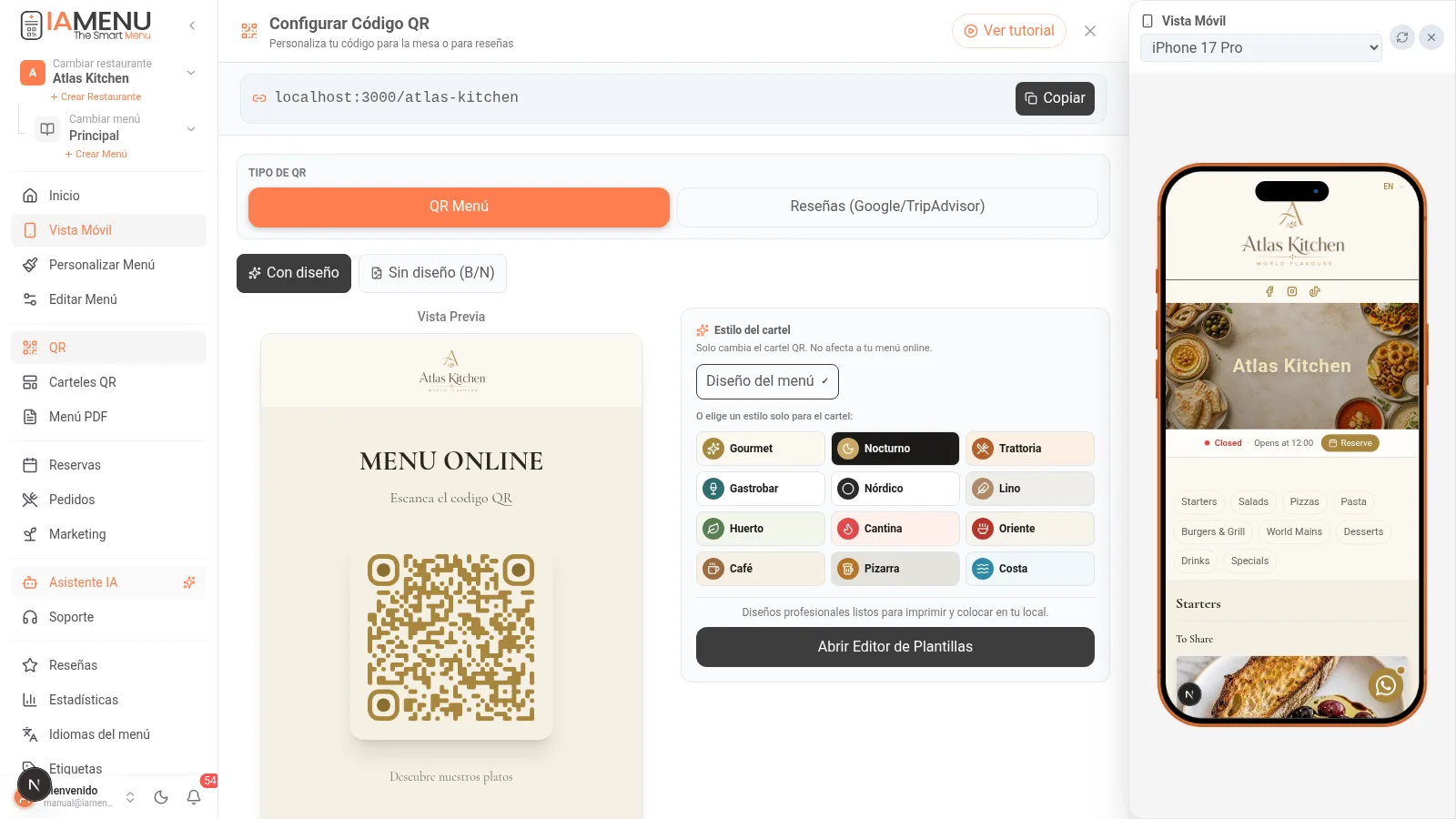 Acceso al generador de codigo QR desde el menu lateral del dashboard en escritorio