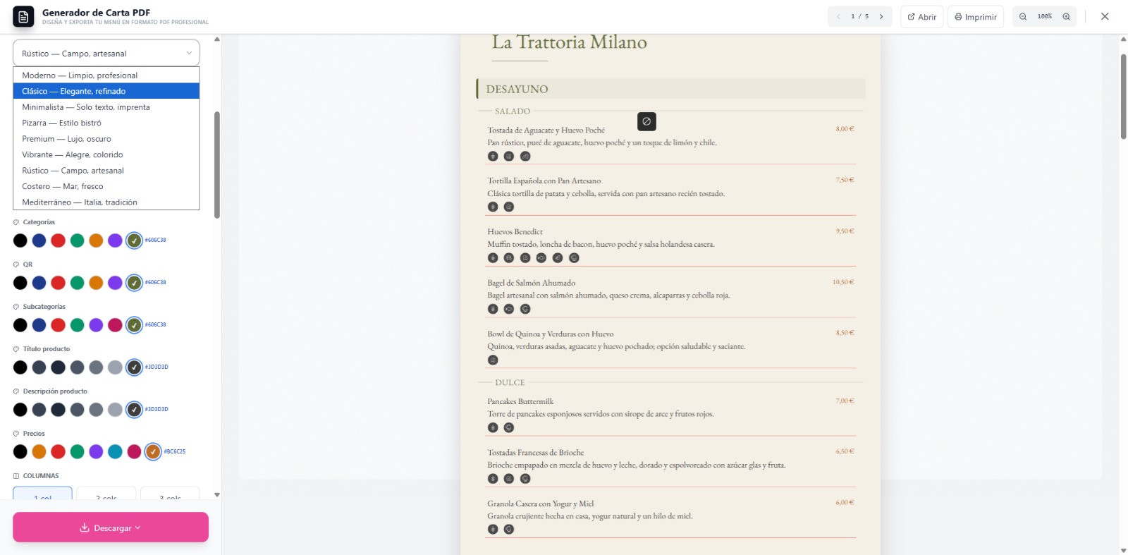 Selector de 10 plantillas PDF profesionales para carta de restaurante en iaMenu