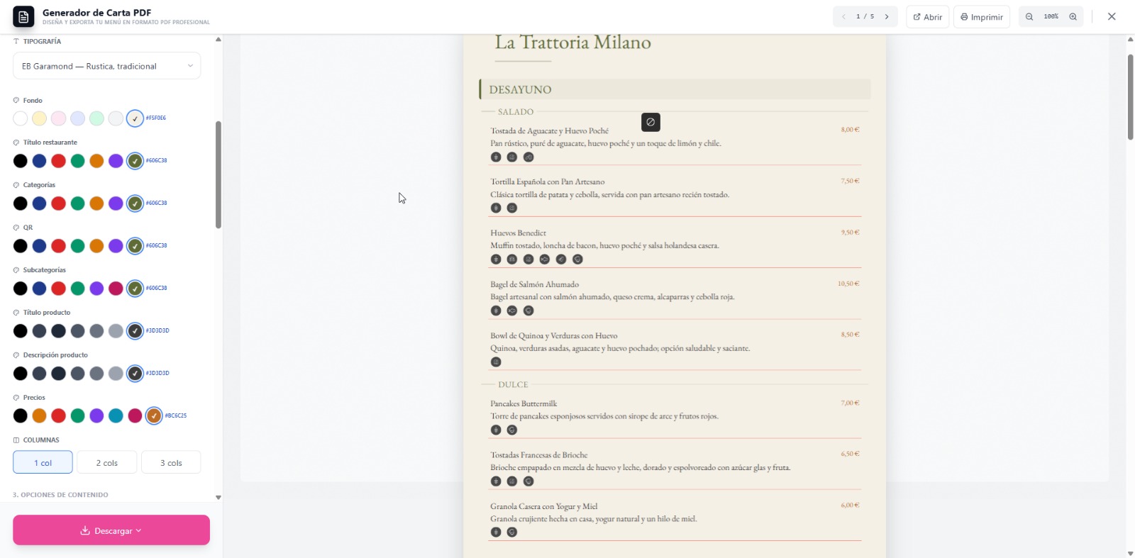 Panel de personalizacion de colores y tipografia del PDF en iaMenu con 5 selectores de color