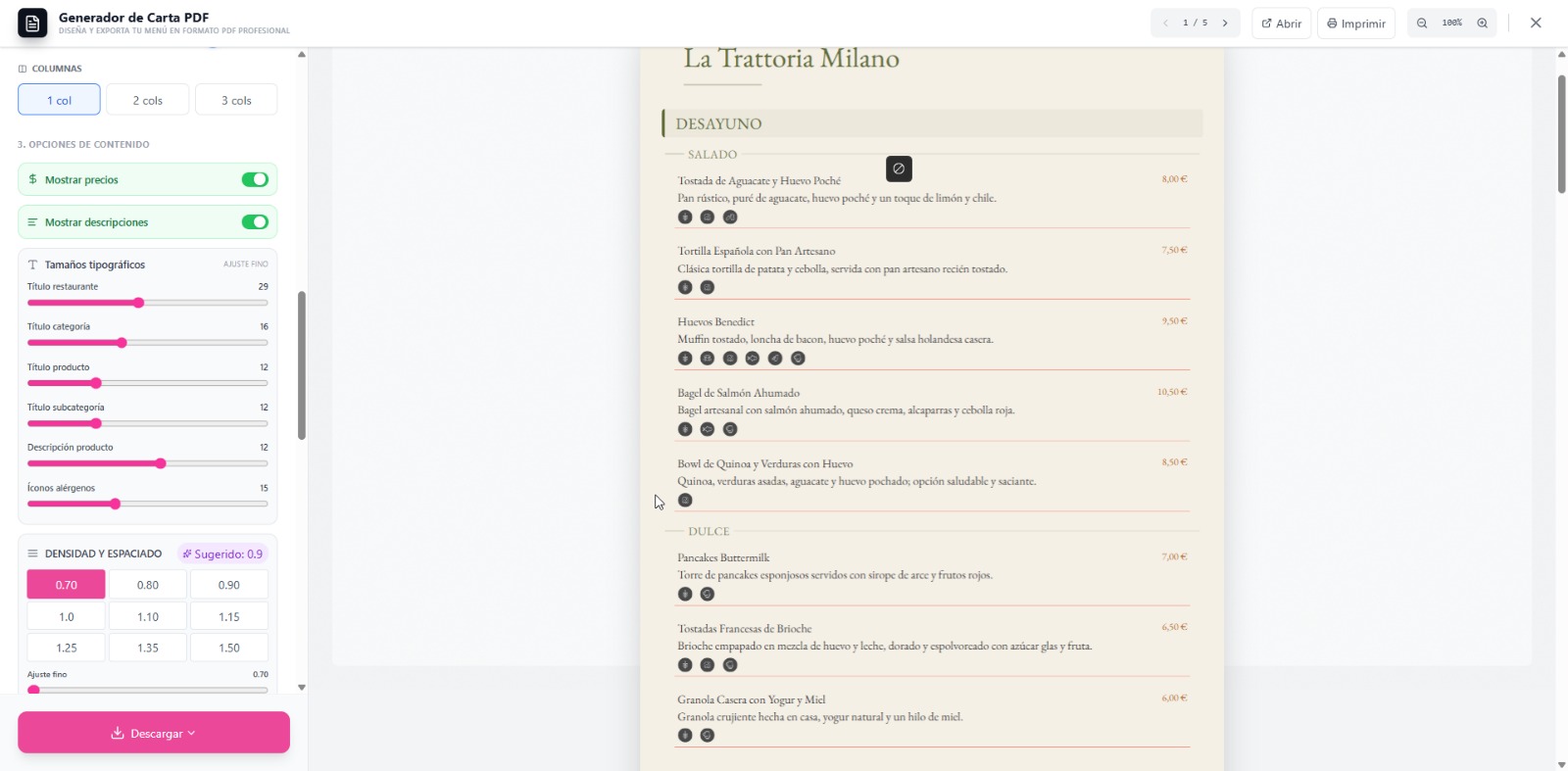 Toggles de configuracion del PDF: precios, descripciones, alergenos, logo y QR activados