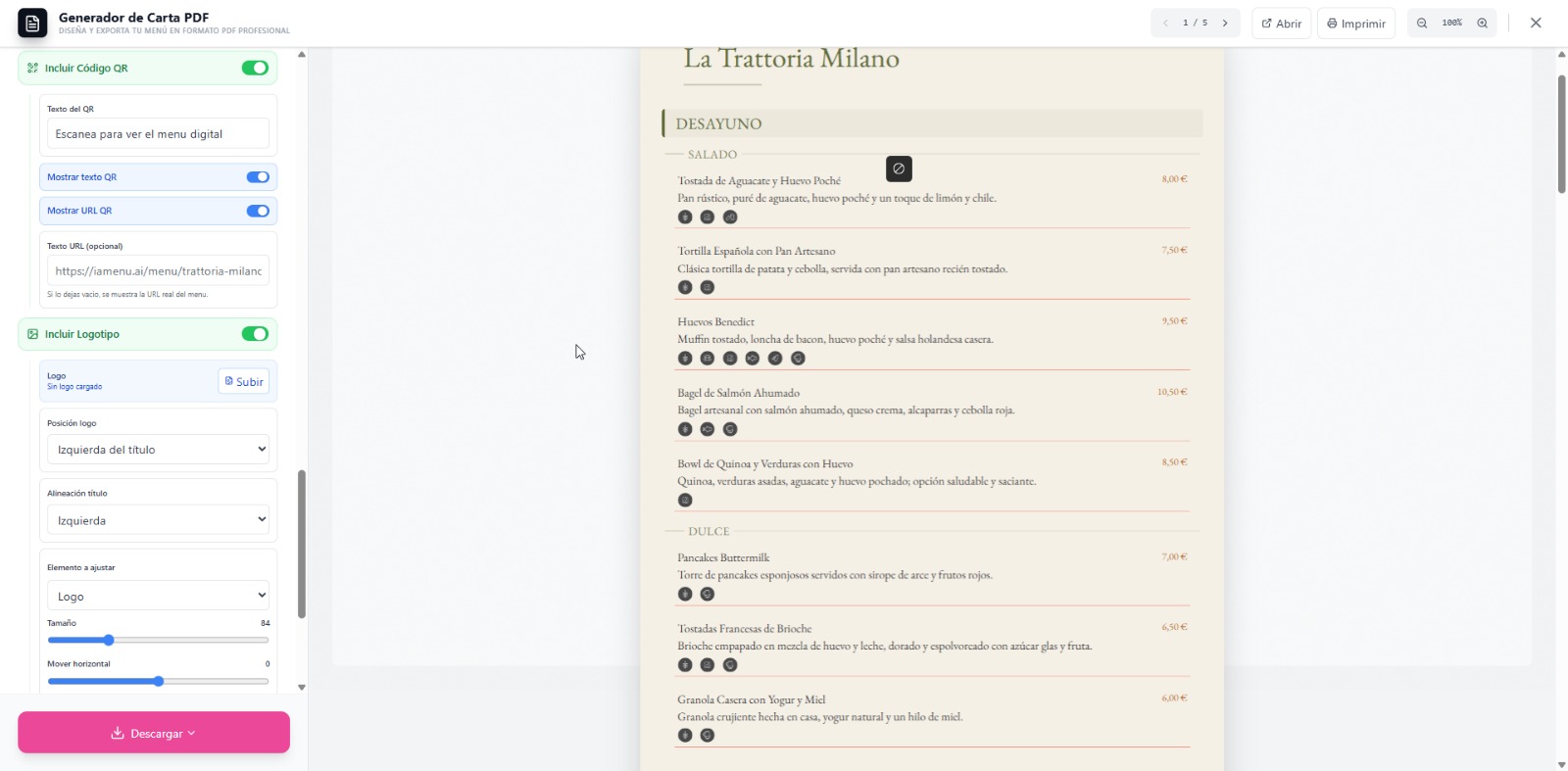 Selector de idioma del PDF con opcion multi-idioma que genera bloques separados por idioma