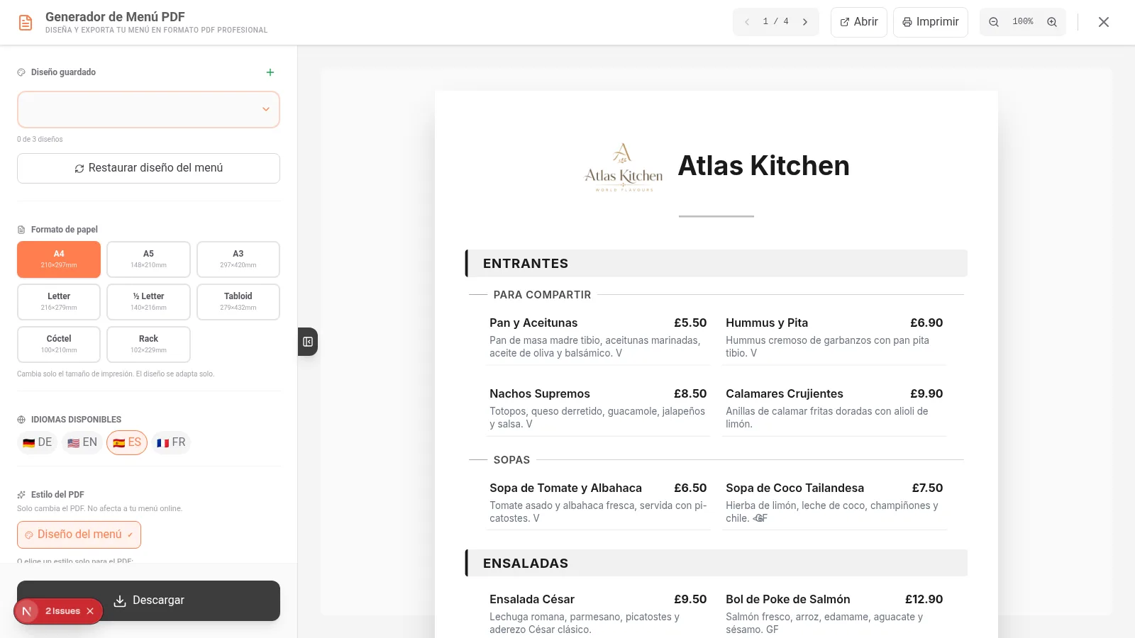 Boton Exportar PDF en el menu lateral del dashboard de iaMenu en escritorio