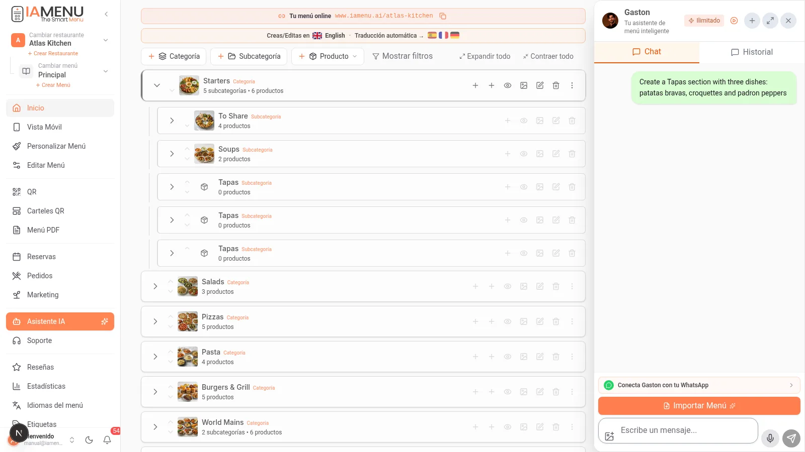 Boton flotante de Gaston en la esquina inferior derecha del dashboard de iaMenu en escritorio