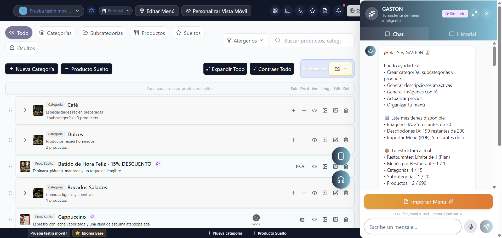 Chat di GASTON che crea categorie, sottocategorie e più prodotti con un solo comando su desktop