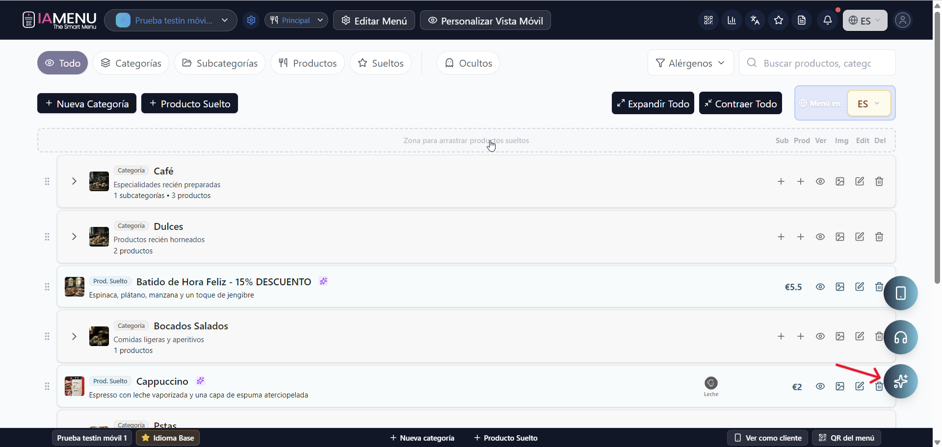 Pulsante flottante di GASTON nell'angolo in basso a destra del dashboard di iaMenu su desktop