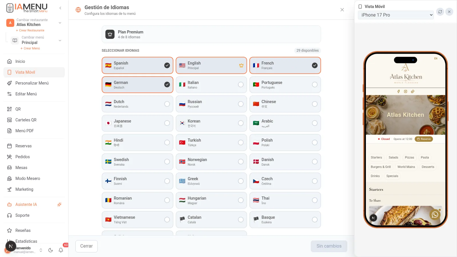 Panel de configuración de idiomas mostrando 29 idiomas disponibles con interruptores para activar o desactivar cada uno