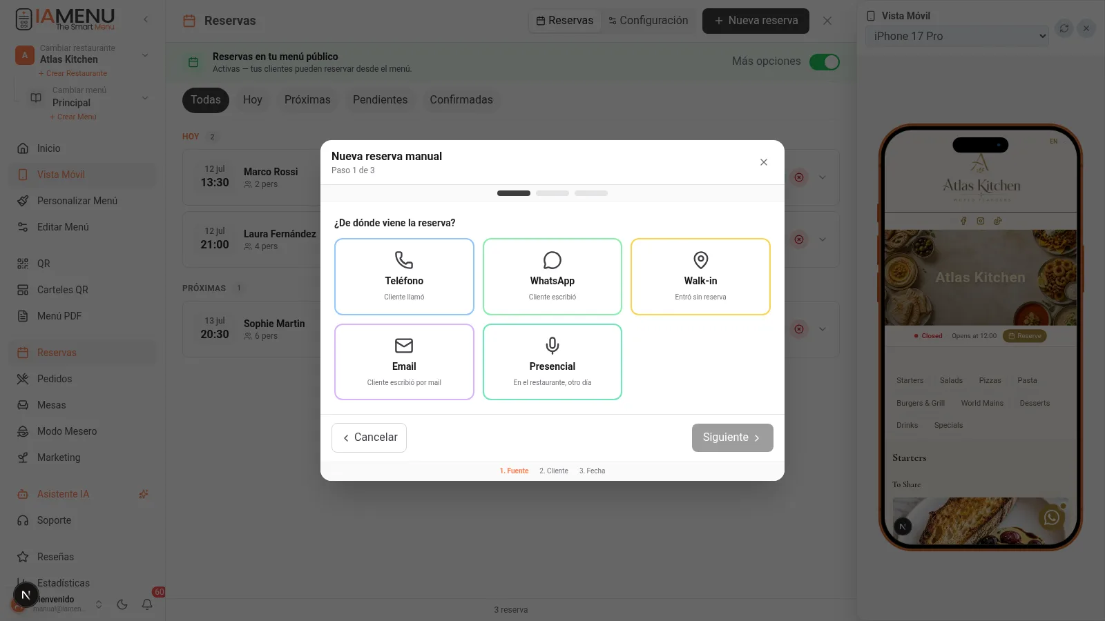 Modal de nueva reserva manual con selector de origen: telefono, WhatsApp, walk-in, email o presencial