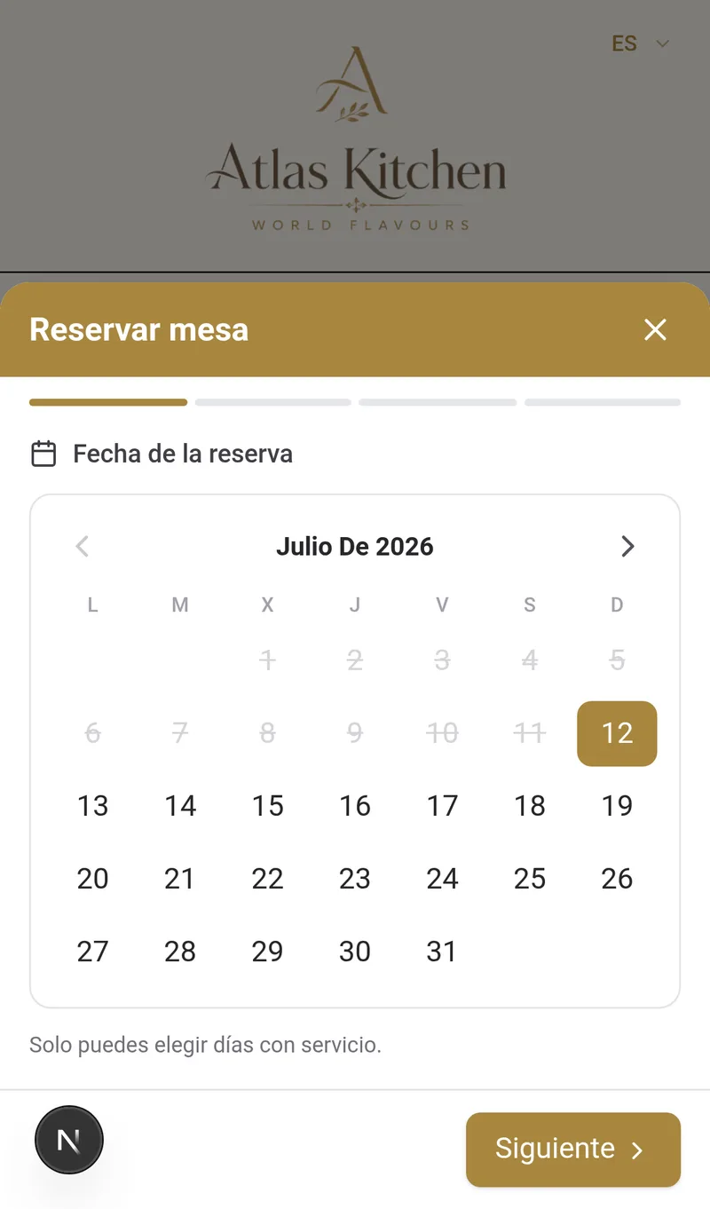 Modal de reserva del cliente con calendario de dias disponibles en la carta digital