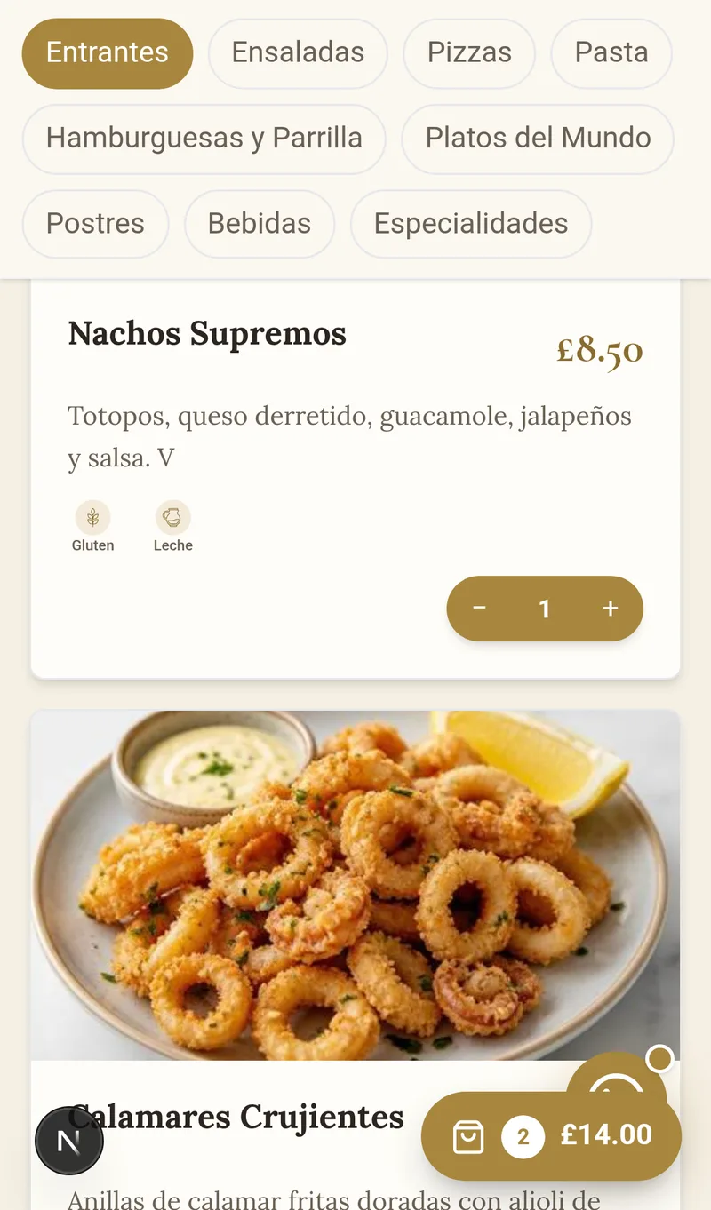Cliente anadiendo un plato al carrito desde la carta digital movil