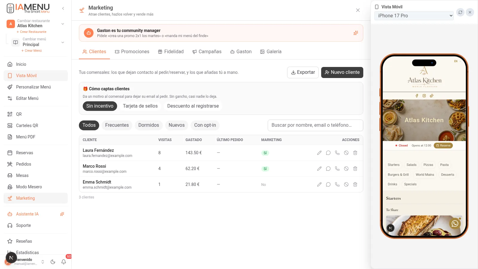 CRM de comensales de iaMenu con lista de clientes, visitas, gasto y consentimiento de marketing