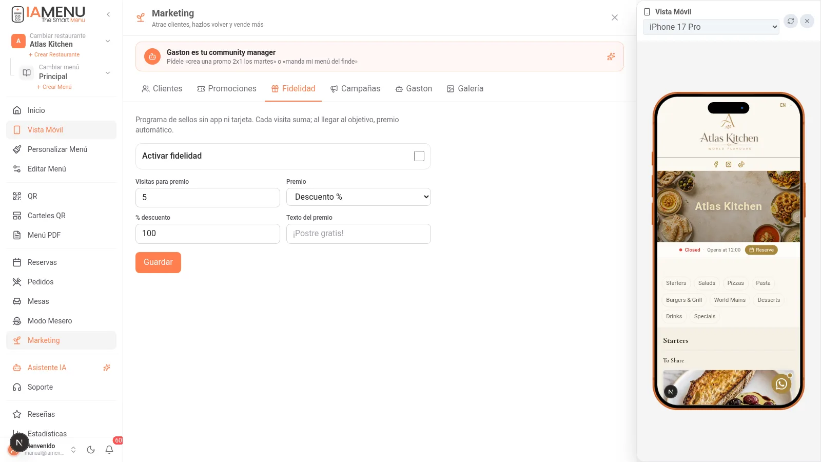 Configuracion del programa de fidelidad con sellos digitales en iaMenu