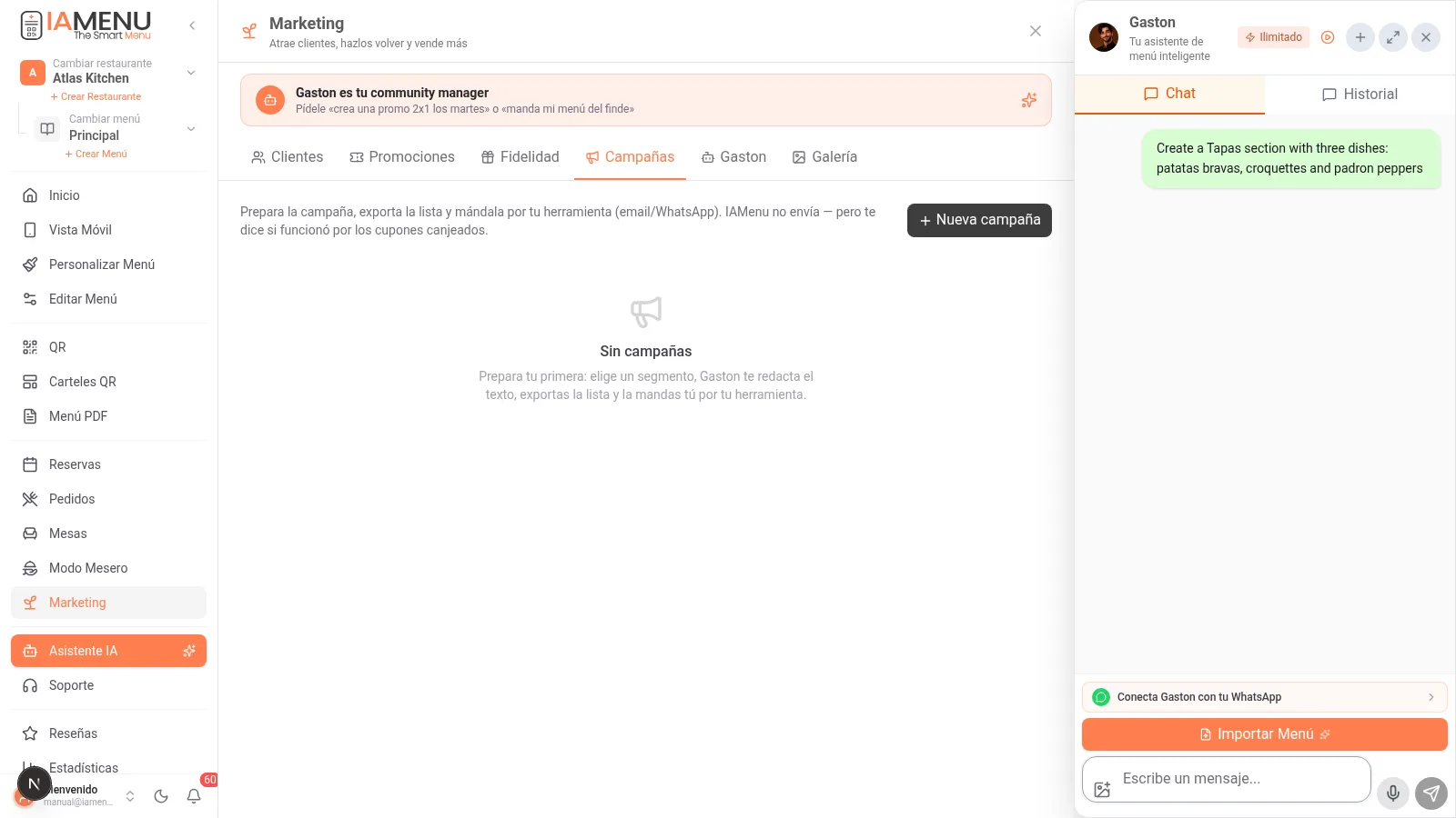 Gaston como community manager de marketing dentro de iaMenu