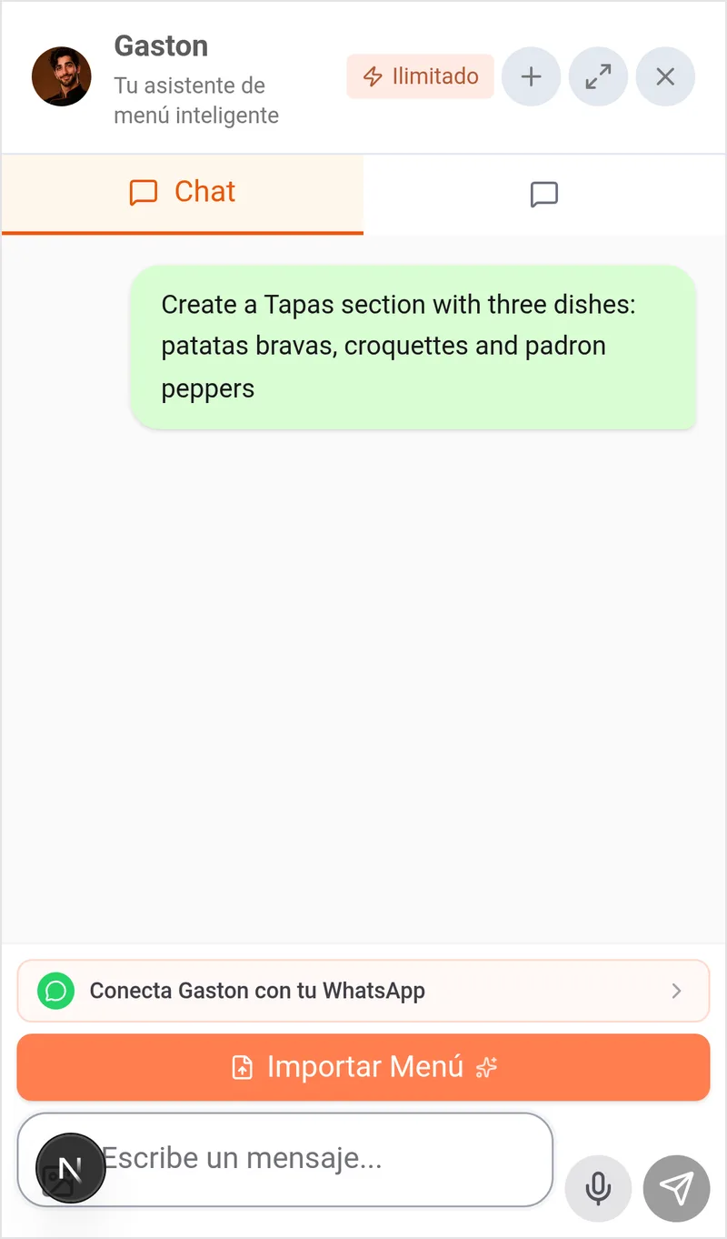 Chat de Gaston en el movil con el banner para conectar WhatsApp