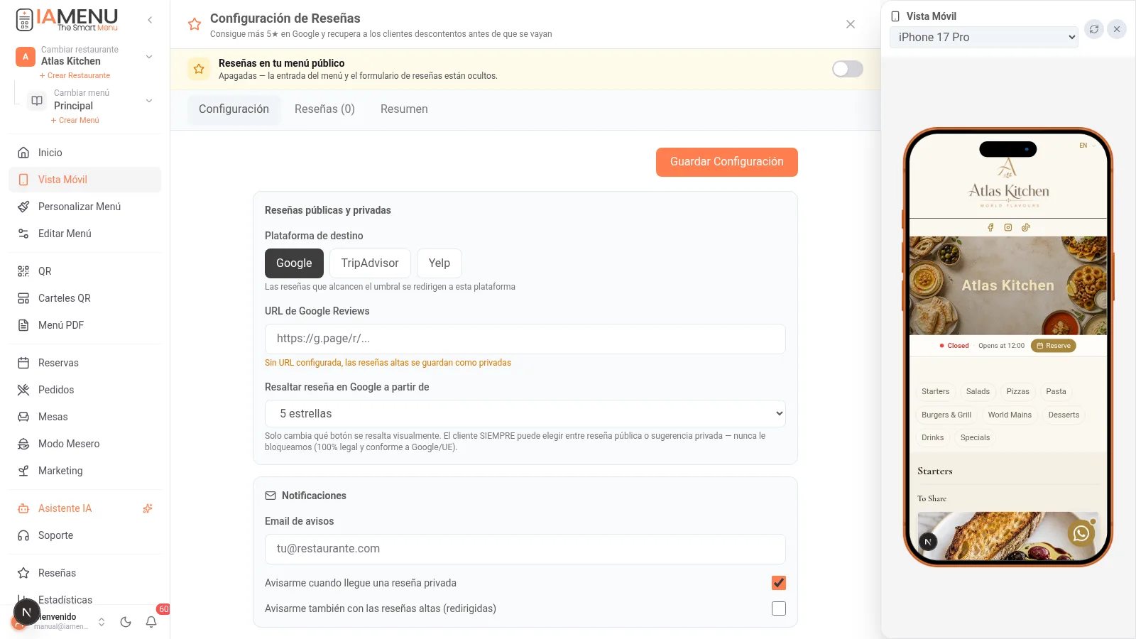 Configuracion de reseñas de iaMenu con plataforma de destino y URL de Google Reviews