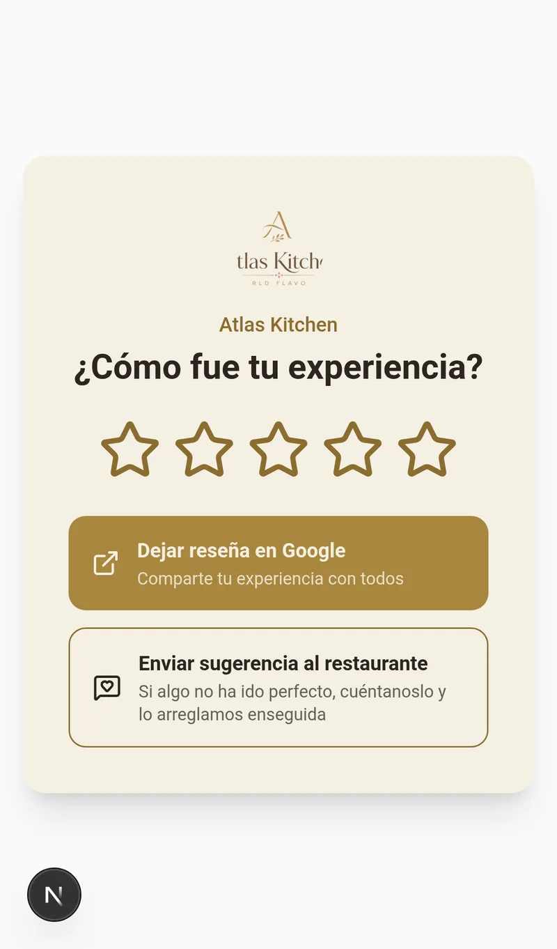 Formulario publico de reseñas con estrellas, boton de dejar reseña en Google y boton de sugerencia privada