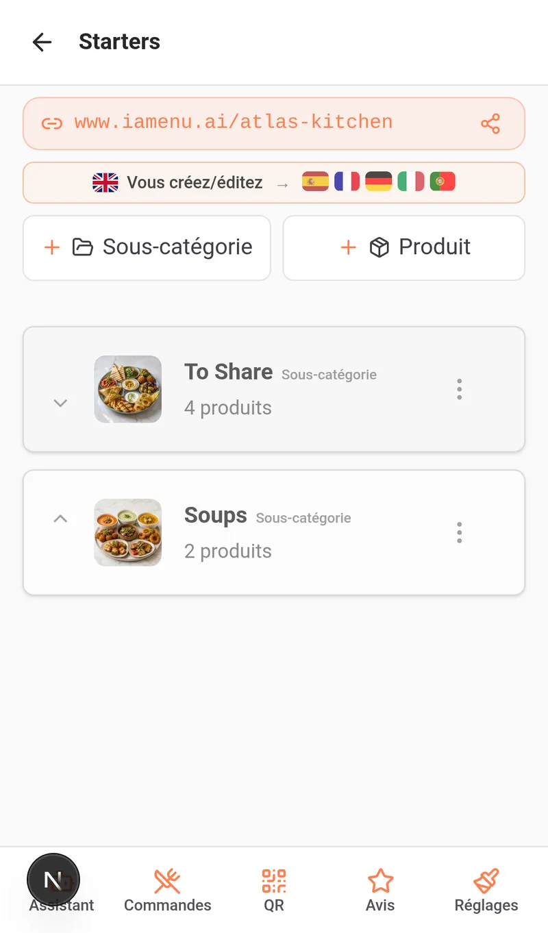 Catégorie nouvellement créée visible dans le tableau de bord de bureau comme ligne extensible avec options d'édition et de réorganisation