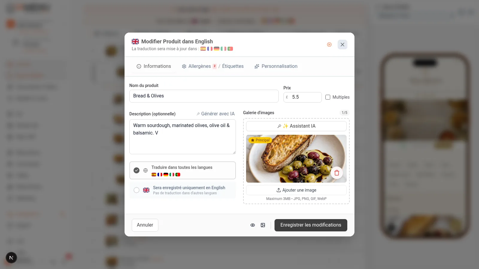 Génération de photo professionnelle de plat avec GPT Image dans iaMenu montrant le résultat d'une image de nourriture générée par intelligence artificielle