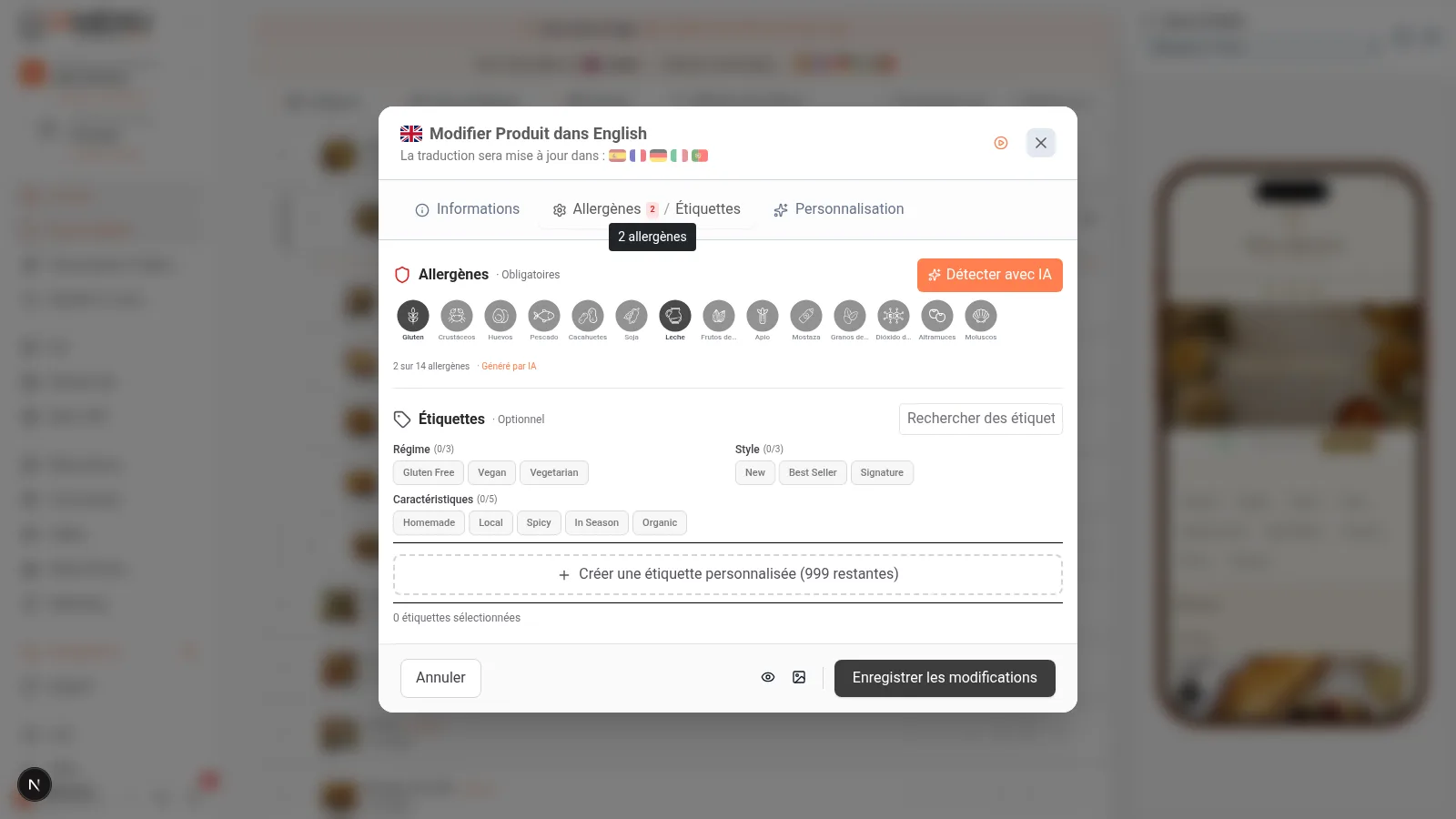Sélecteur d'étiquettes marketing montrant des tags globaux comme Vegan, Sans Gluten, Épicé et des étiquettes personnalisées du restaurant