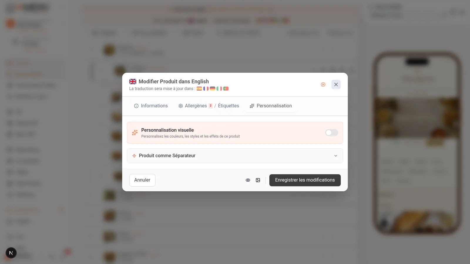 Panneau de personnalisation du produit avec onglets de happy hour, disponibilité et séparateurs sur bureau