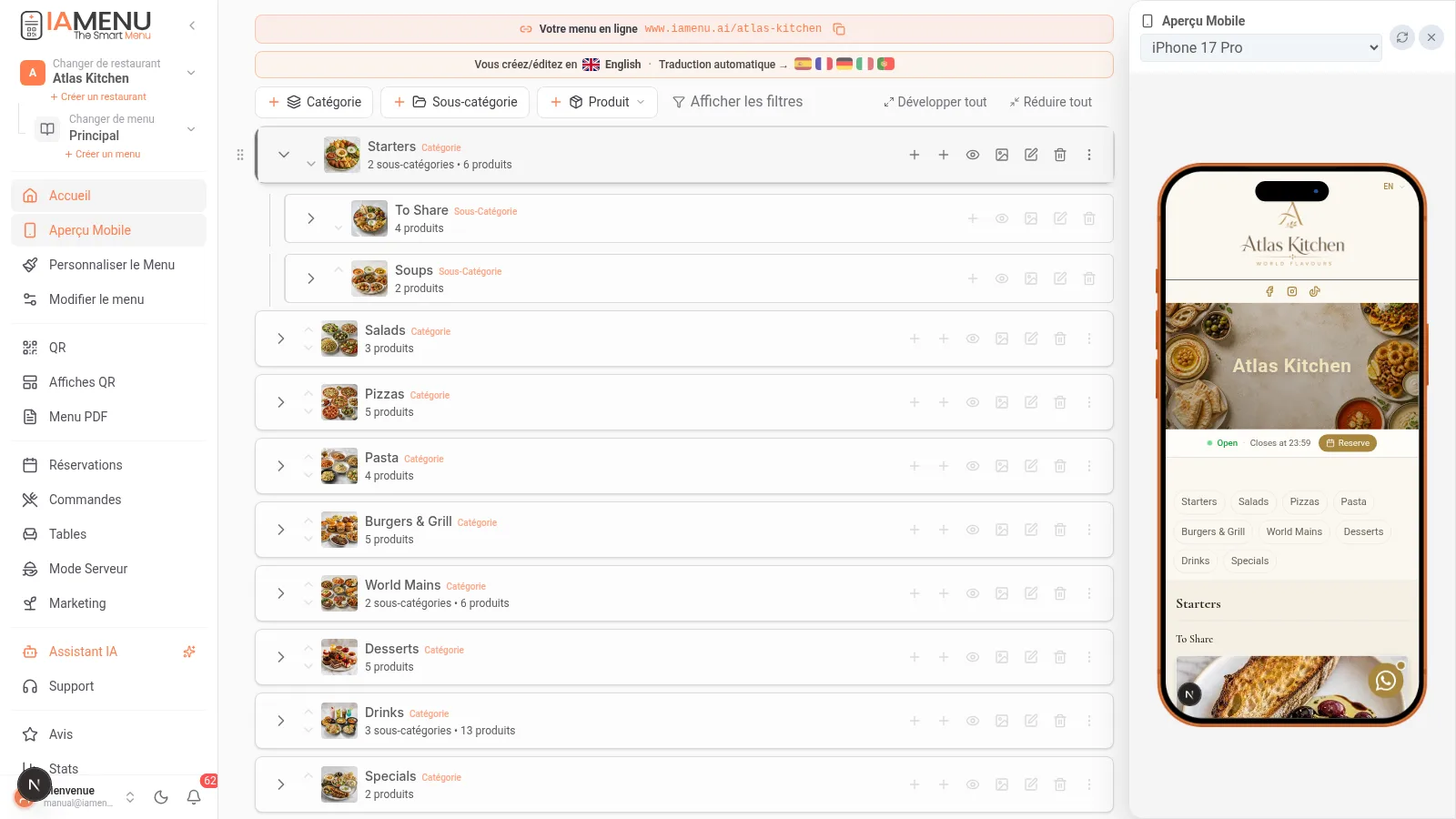 Réorganiser les catégories et produits avec glisser-déposer sur le tableau de bord de bureau de iaMenu