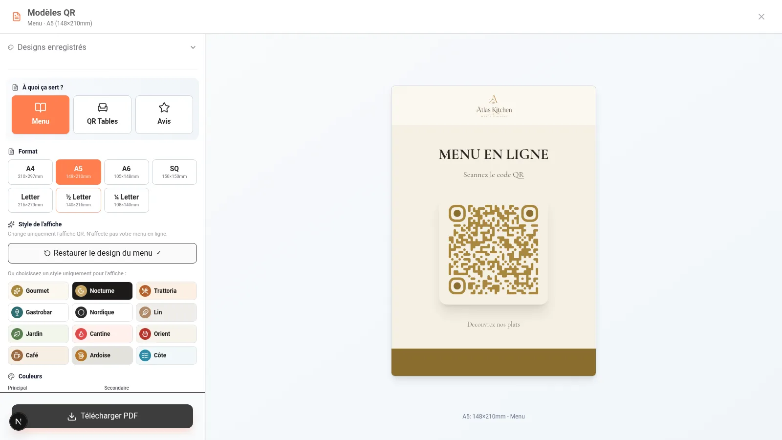 Éditeur de modèles QR professionnels avec formats A4 A5 A6 et carré pour restaurant