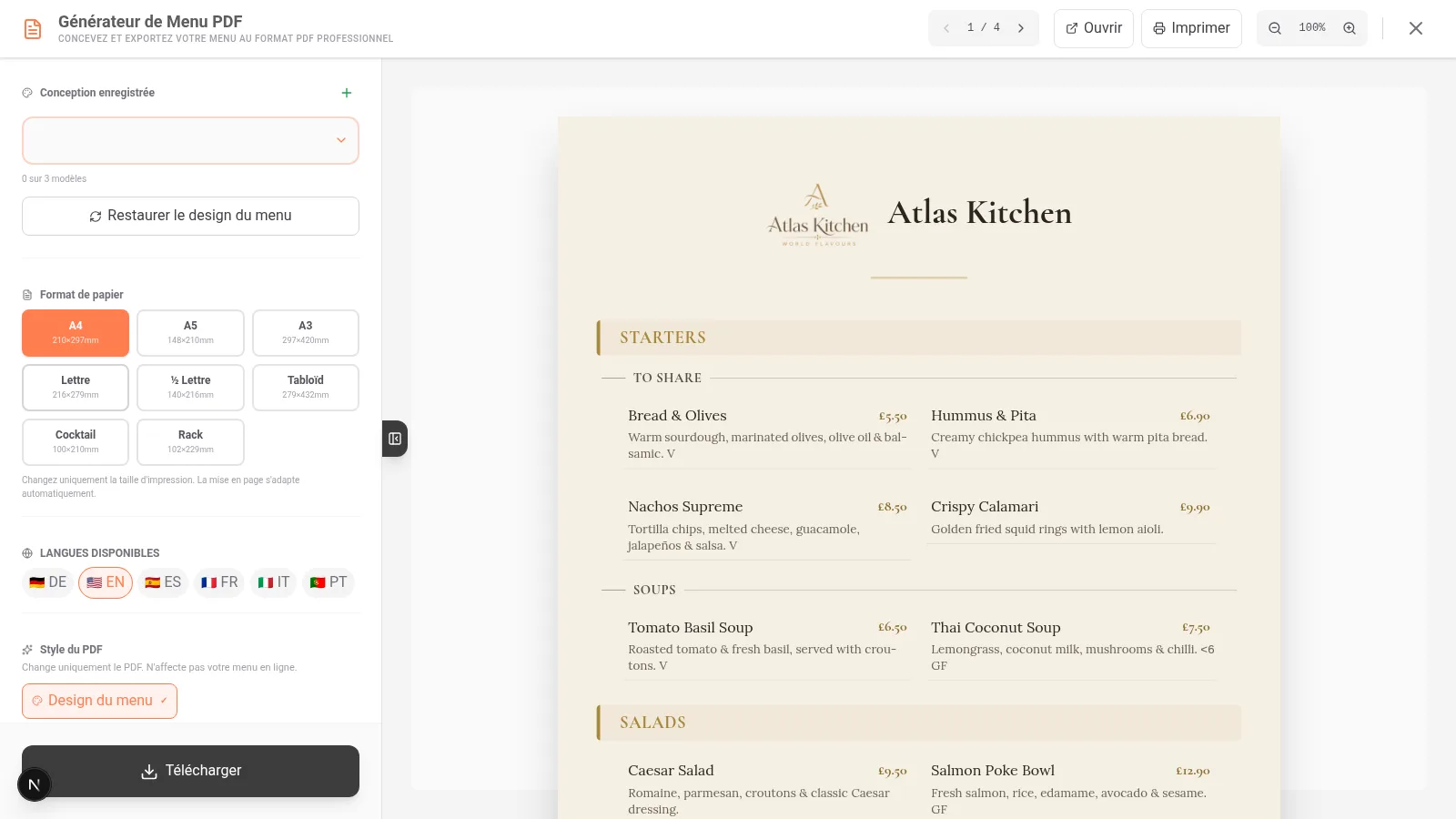 Bouton Exporter PDF dans le menu latéral du tableau de bord de iaMenu sur bureau