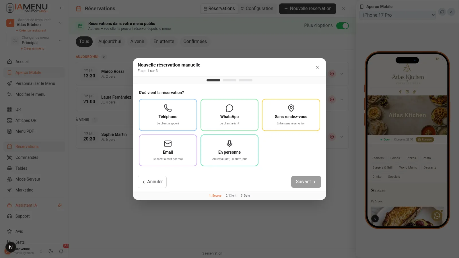 Modal de nouvelle réservation manuelle avec sélecteur d'origine : téléphone, WhatsApp, walk-in, email ou en personne