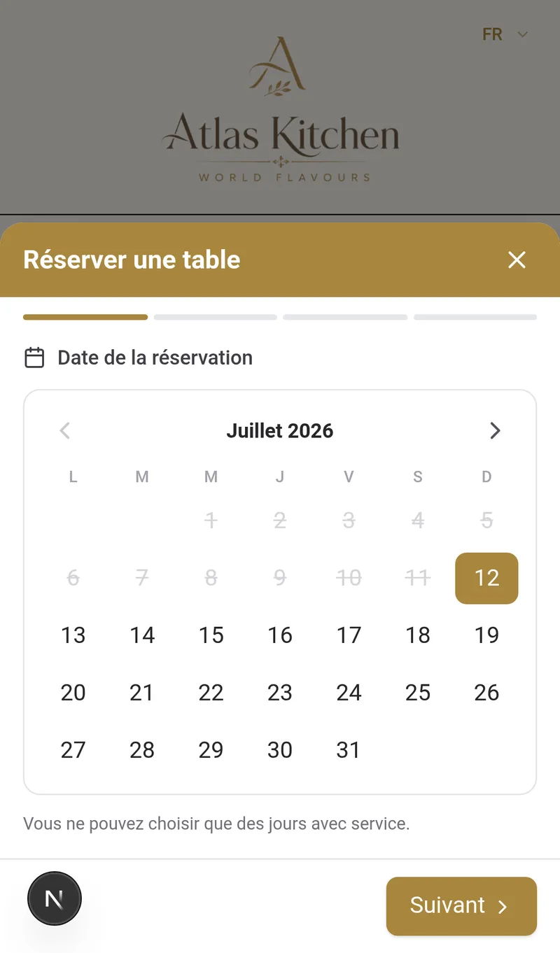Modal de réservation du client avec calendrier des jours disponibles dans la carte numérique